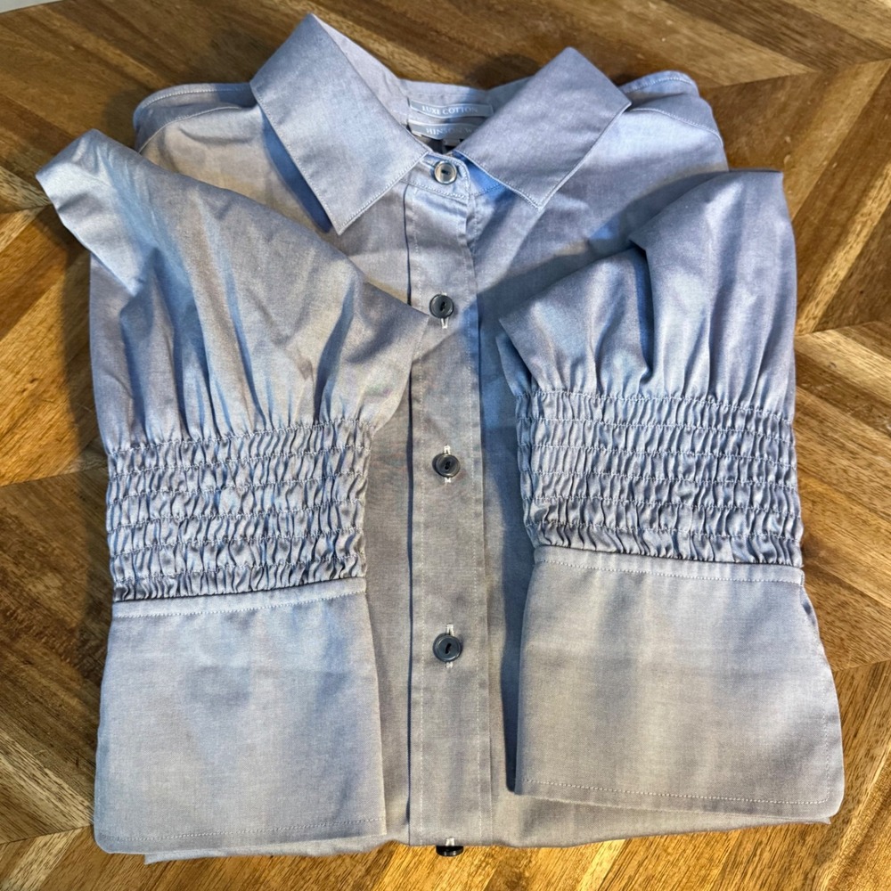 Hinson Wu Luxe Cotton Gray Button Up Shirt Smocked Cuffs Size S